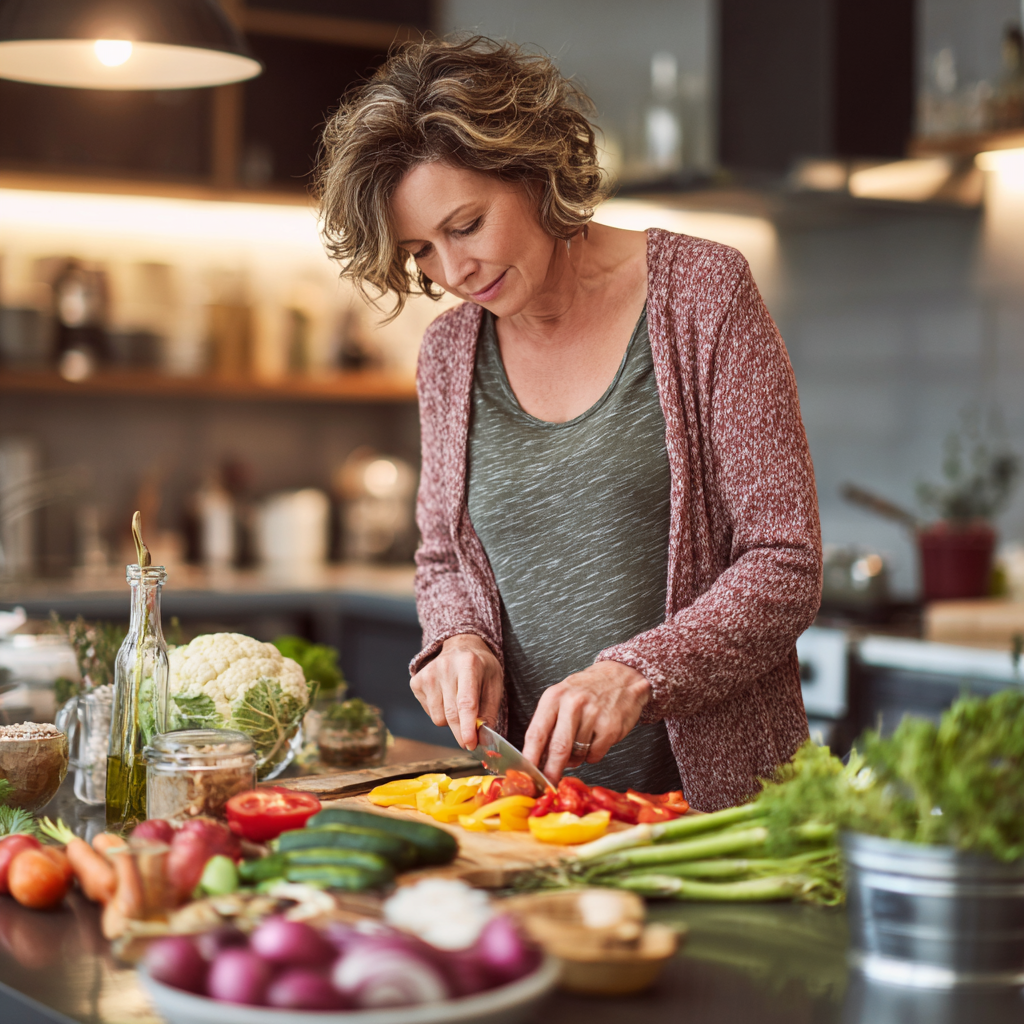 Middle-aged woman preparing healthy meal with colorful vegetables and grains in modern kitchen